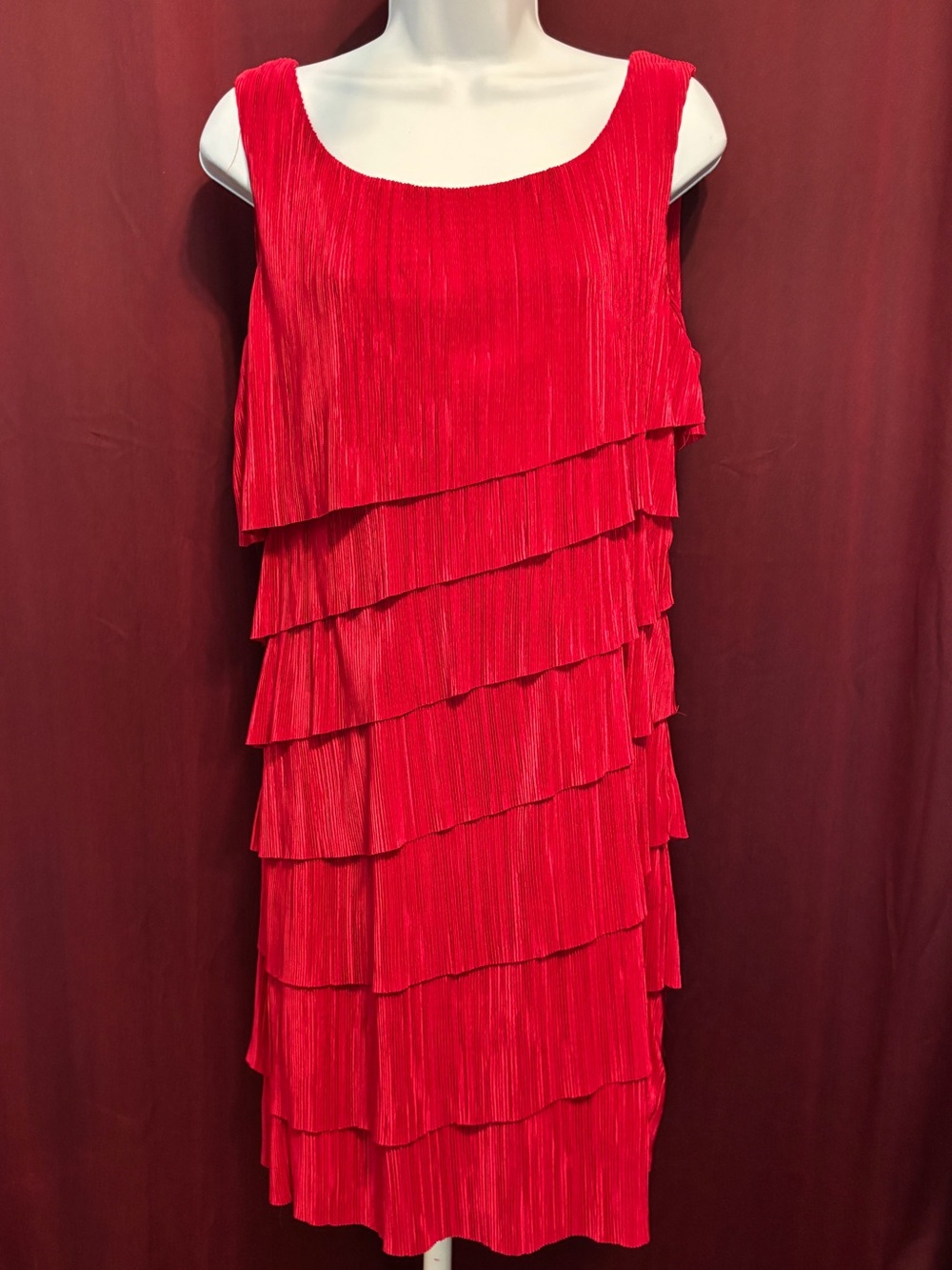 Connected Apparel Red Tiered Pleated Midi Dress